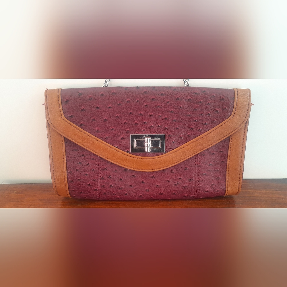 Apt 9 Crossbody Purse, Burgundy Faux-ostrich Covered, Tan Trim, Silver Chain